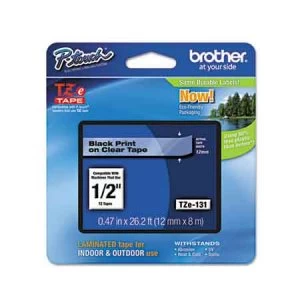 Brother TZe-131 P-touch Label Tape - 1/2 x 26.2 ft 12mm x 8m Black on Clear