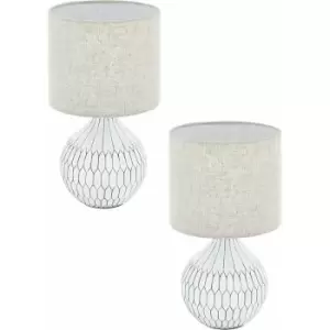 2 pack Table Lamp White Patterned Base Shade Light Brown Fabric Linen E27 1x40W