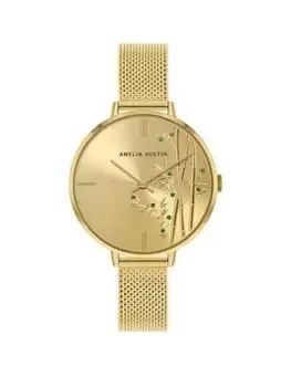 Amelia Austin Bamboo Ladies Pale Gold Stainless Steel Mesh Green Stone Set Etched Dial Watch, Gold, Women