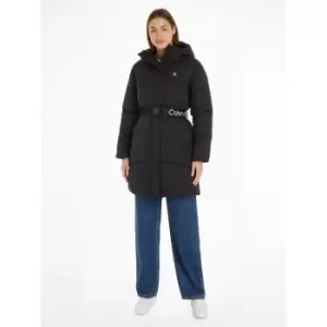 Long Hooded Padded Puffer Jacket with Belt and Zip Fastening