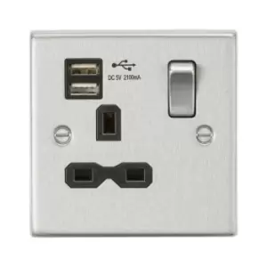 Knightsbridge - 13A 1G Switched Socket Dual usb Charger (2.1A) with Black Insert - Square Edge Brushed Chrome