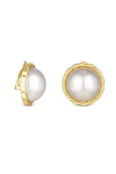 Gold Plated Large Pearl Bouton Clip Earrings