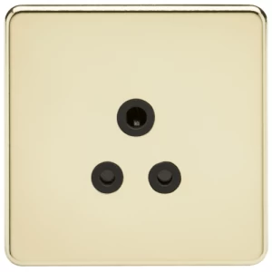 KnightsBridge 1G 5A Screwless Polished Brass Round Pin 230V Unswitched Electrical Wall Socket - Black Insert