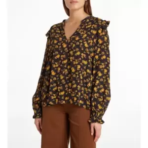Floral V-Neck Blouse with Ruffled Edging and Long Sleeves