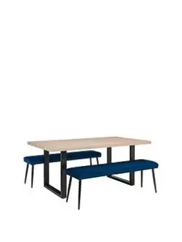 Julian Bowen Berwick 180 Cm Dining Table + 2 Luxe Low Benches - Oak/Blue