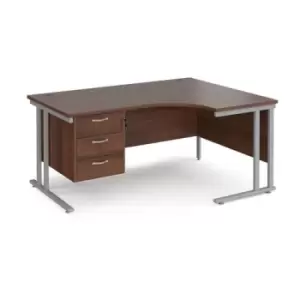 Office Desk Right Hand Corner Desk 1600mm With Pedestal Walnut Top With Silver Frame 1200mm Depth Maestro 25 MC16ERP3SW