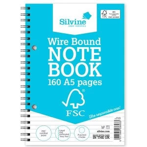 Silvine A5 Notebook Wirebound FSC Paper Feint Ruled 160 Pages Pack of 5 Promo