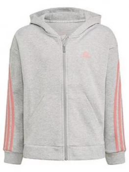 adidas Girls Junior G 3-Stripes Full Zip Hoodie - Grey/Pink, Size 5-6 Years, Women