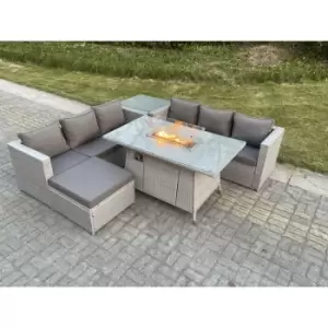 Fimous - Light Grey Corner Rattan Fire Pit Garden Furniture Set Gas Heater Burner Lounge Sofa With Side Coffee Table Big Footstool