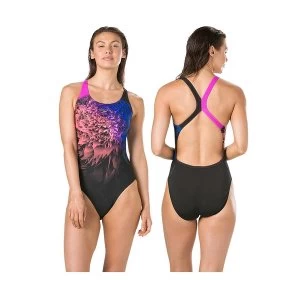 Speedo NeonWhizz Powerback Swimsuit Black/Orchid/Pink 32"