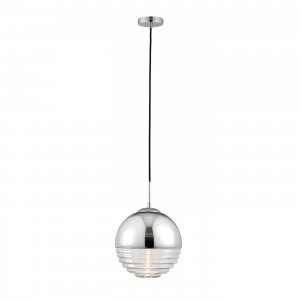 1 Light Globe Ceiling Pendant Clear Ribbed Glass, Chromed, E14