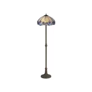 2 Light Leaf Design Floor Lamp E27 With 40cm Tiffany Shade, Blue, Clear Crystal, Aged Antique Brass