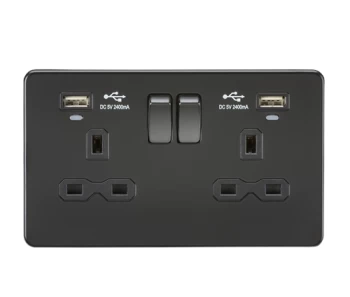 KnightsBridge 13A 2G Switched Socket, Dual USB (2.4A) with LED Charge Indicators - Matt Black