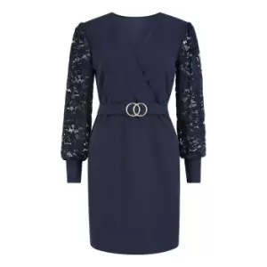 Mela London Navy Lace Sleeve Dress With Belt Detail - Blue