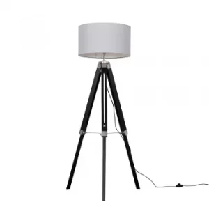 Clipper Black Wood Floor Lamp with XL Cool Grey Reni Shade