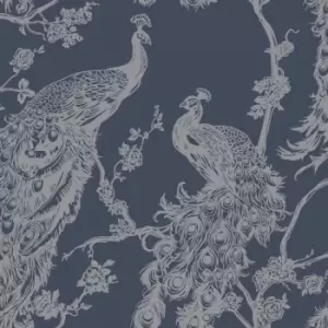 Glistening Peacock Navy Blue Wallpaper Metallic Silver Bird Trees Feather - Holden Decor