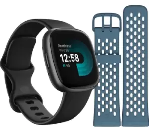 FITBIT Versa 4 Smartwatch Sports Pack with Additional Blue Sports Band - Black & Graphite, Black,Blue