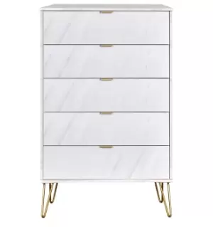 Hirato Ready Assembled 5 Drawer Chest Marble Gold Metal Hairpin Legs