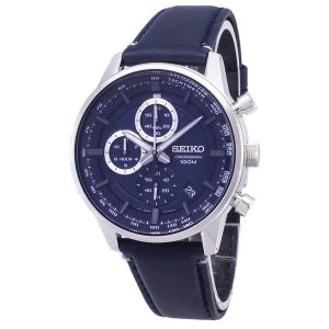 Mens Chronograph Quartz Stainless Steel Watch with Blue Dial & Leather Belt