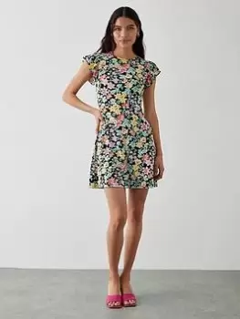 Dorothy Perkins Floral Ruffle Shoulder Mini Dress - Multi, Size 16, Women