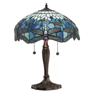 Dragonfly 2 Light Medium Table Lamp Dark Bronze, Blue, Tiffany Style Glass, E27