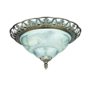 Flush Ceiling 2 Light Antique Brass with Frosted Glass Diffuser, E14