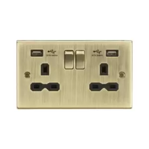 Knightsbridge - 13A 2G Switched Socket Dual usb Charger (2.4A) with Black Insert - Square Edge Antique Brass