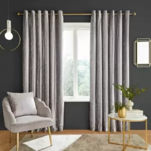 Catherine Lansfield Geo Cut Velvet Deco Lined Eyelet Curtains, Silver, 66 x 90 Inch