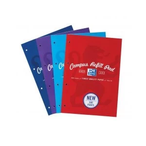 Oxford A4 Campus 300 Pages 90gsm 4 Hole Punched Ruled Margin Refill Pad Assorted Colours Pack of 3