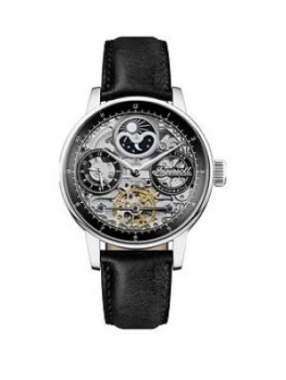 Ingersoll Ingersoll The Jazz Silver Skeleton Moonphase Automatic Dial Black Leather Strap Watch