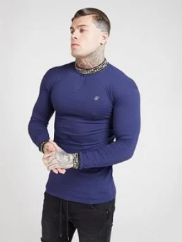 SikSilk Long Sleeve Chain Rib Collar Cuff Polo Shirt - Navy Size M Men