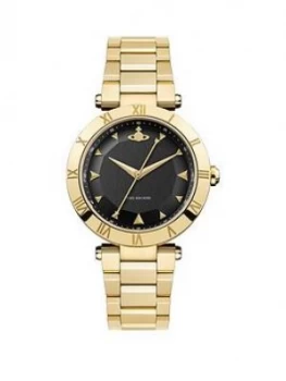 Vivienne Westwood Montagu Black and Gold Detail Dial Gold Stainless Steel Bracelet Ladies Watch, One Colour, Women