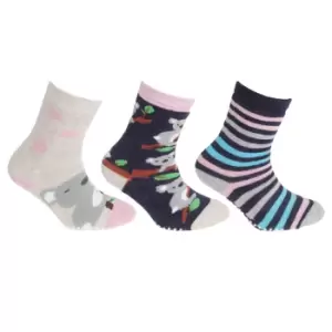FLOSO Childrens Girls Cotton Rich Gripper Socks (3 Pairs) (6-8.5 Child UK) (Navy/Beige/Pink)