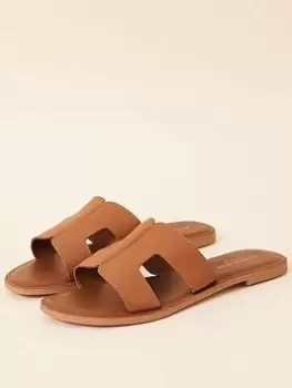 Accessorize Leather Cut-out Detail Sliders, Brown, Size 39, Women