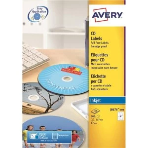 Avery J8676 100 Full Face CD Labels Inkjet Pack of 200 Labels