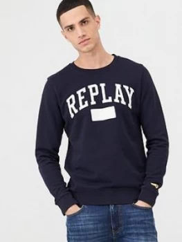 Replay Archive Sport Logo Crew Sweatshirt - Navy, Dark Blue, Size XL, Men