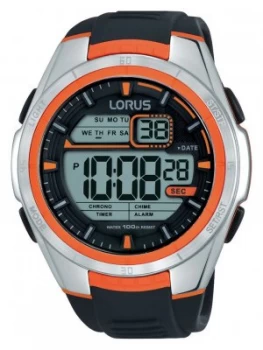 Lorus Mens Black Silicon Strap Orange Detail Watch