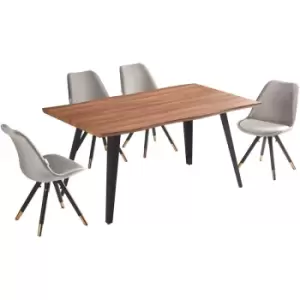 5 Pieces Life Interiors Sofia Rocco Dining Set - a Walnut Rectangular Dining Table and Set of 4 Dark Grey Dining Chairs - Dark Grey