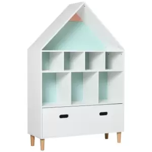 HOMCOM Kids House Shaped Bookshelf Organizer With Drawer Cubes White And Blue Or Pink