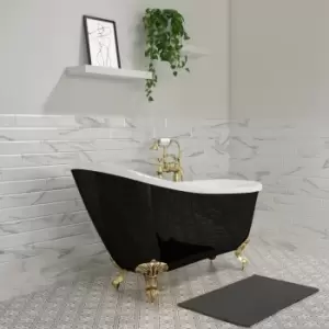 Black Freestanding Single Ended Roll Top Slipper Bath with Brushed Brass Feet 1620 x 730mm - Lunar