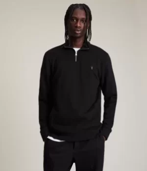AllSaints Mens Cotton Slim Fit Raven Long Sleeve Half Zip Funnel Neck Sweatshirt, Black, Size: M