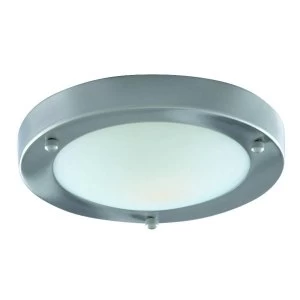 1 Light Bathroom Flush Ceiling Light Satin Silver Round with Domed Glass Diffuser IP44, E27
