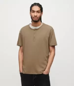 AllSaints Mens Figure Henley T-Shirt, ASH Khaki Brown, Size: M