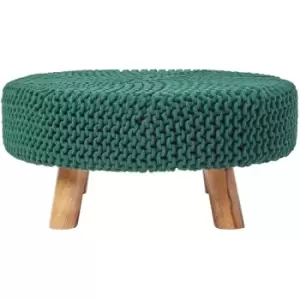 Forest Green Large Round Cotton Knitted Footstool on Legs - Forest Green - Homescapes