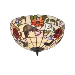 Butterfly 2 Light Medium Ceiling Flush Light Tiffany Style Glass, E27