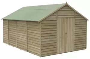 Forest Garden 10 x 15ft 4Life Apex Overlap Pressure Treated Double Door Windowless Shed with Base and Assembly