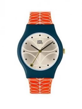 Orla Kiely Bobby Champagne and Blue Dial Pink Stem Print Silicone Strap Ladies Watch, One Colour, Women