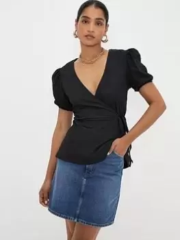 Dorothy Perkins Broderie Sleeve Wrap Top - Black, Size L, Women