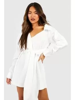 Boohoo Poplin Asymmetric Belted Shirt Dress - White, Size 12, Women