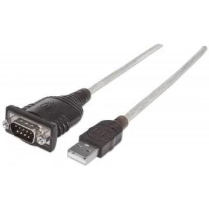 Manhattan USB-A to Serial Converter cable 1.8m Male to Male Serial/RS232/COM/DB9 Prolific PL-2303RA Chip Black/Silver cable Polybag
